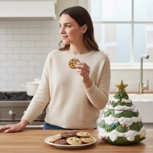 Holiday Time Christmas Tree Cookie Jar Green/White/Red/Gold Ceramic EUC